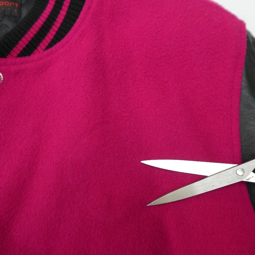 LeaTHeR Vintage Dark Pink WooL Black Letterman Varsity Bomber Jacket LizSport M - Picture 10 of 10